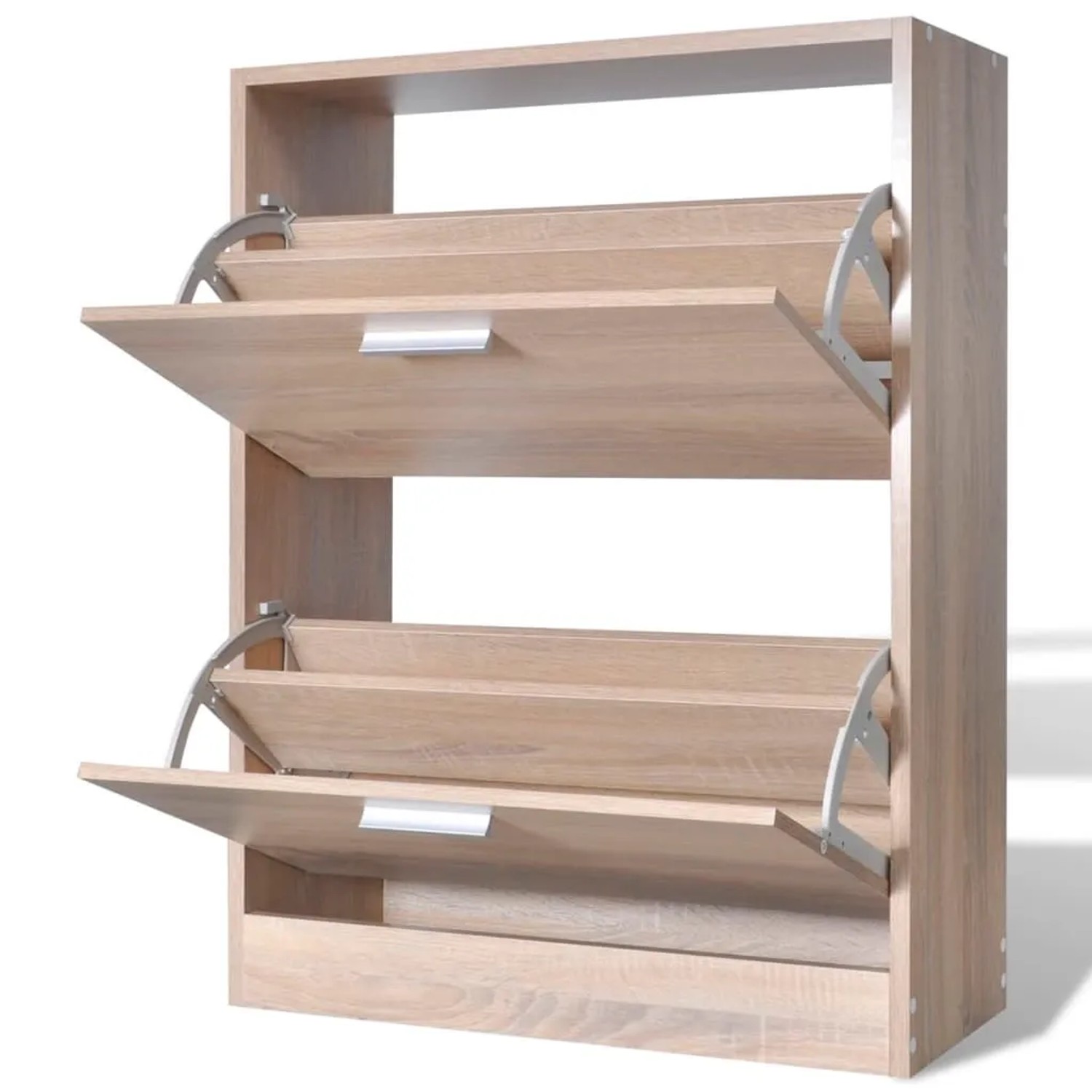 Schuhschrank in Eichen-Optik mit 2 offenen Kippfächern. Heller Holzschuhkipper für ordentliche Schuhaufbewahrung.