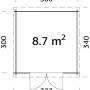 Grundriss Palmako Gartenhaus Ella 300x300 cm, lackiert grau-weiß, 8,7 m² Fläche.