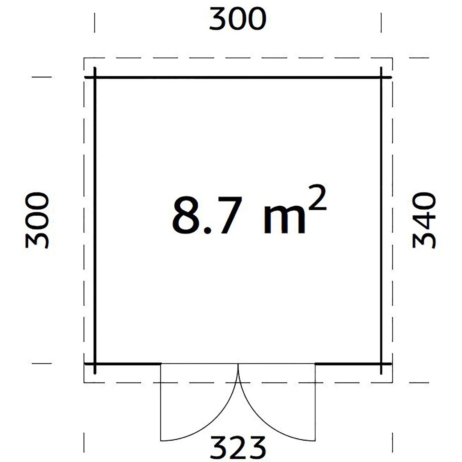 Grundriss Palmako Gartenhaus Ella 300x300 cm, lackiert grau-weiß, 8,7 m² Fläche.