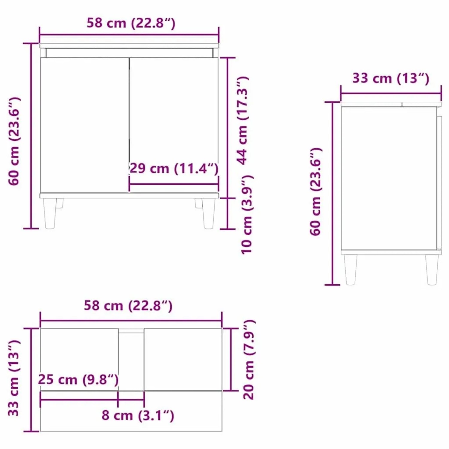 vidaXL Waschbeckenschrank, schwarz Eichen-Optik, Maße: 58x33x60cm, technische Zeichnung.