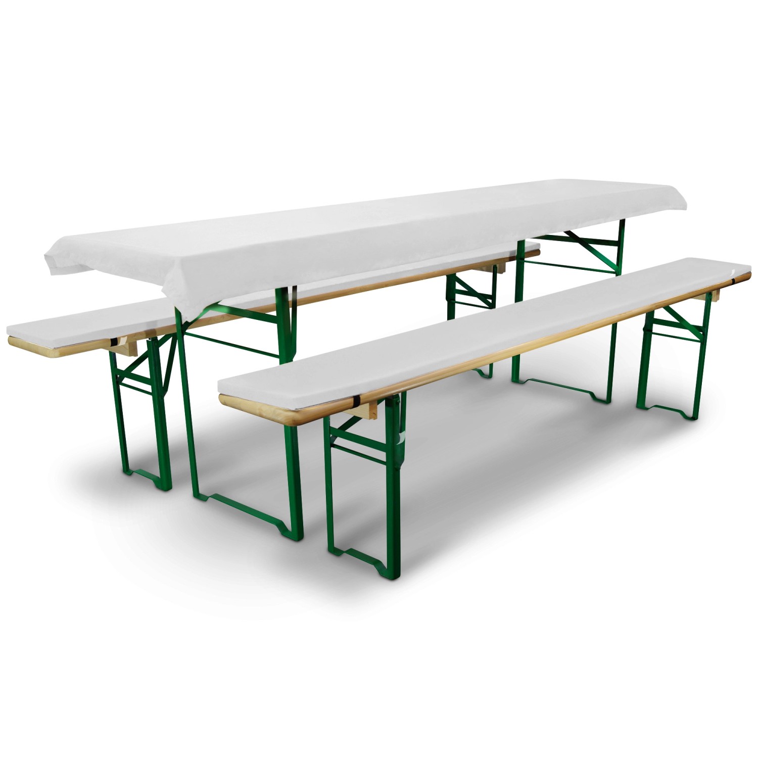 Bierbankgarnitur mit weißer Beautissu Comfort XS Auflage (3-teilig) und Tischdecke.