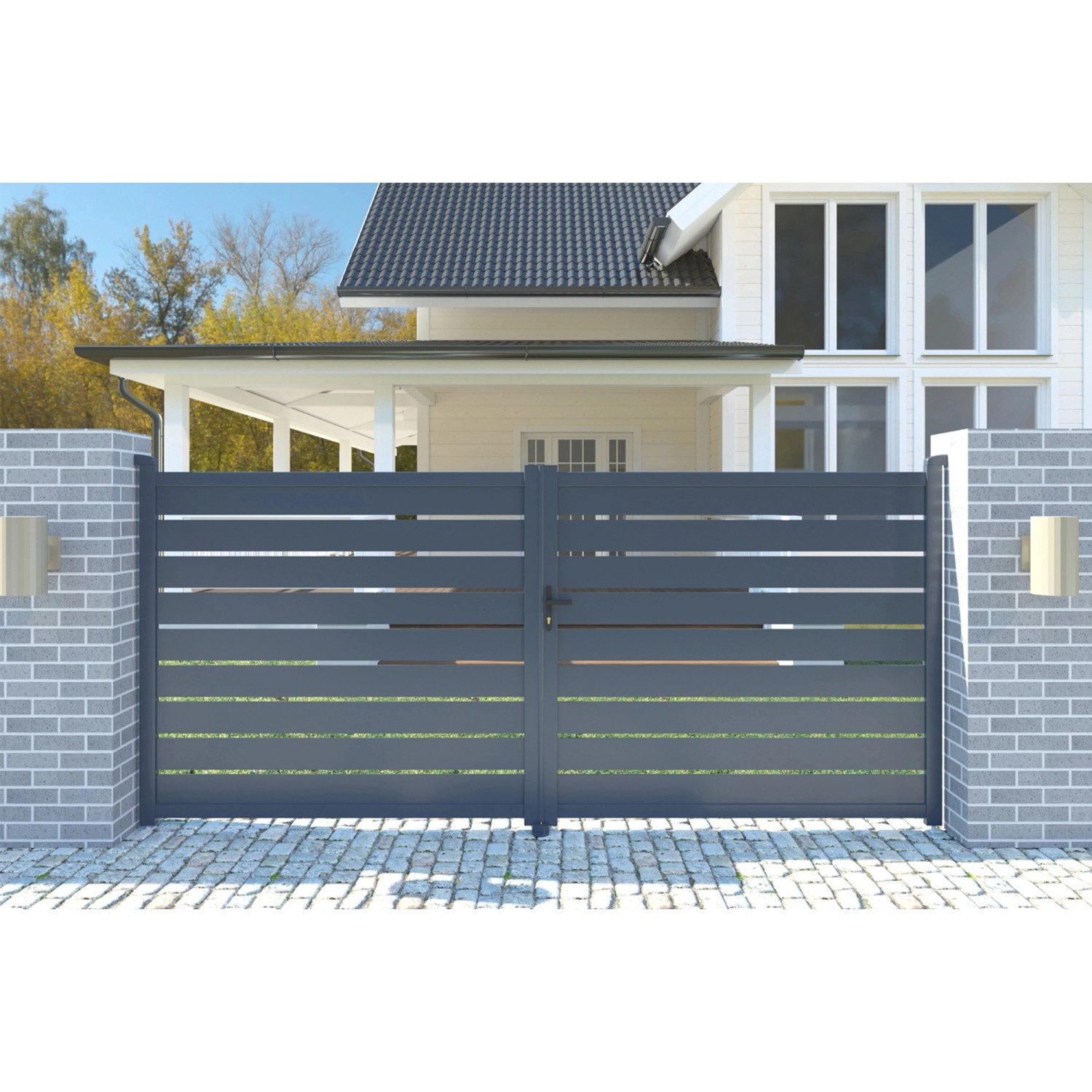 Elektrisches Flügeltor Casanoov Vogel 3M, grau, mit horizontalen Streben vor einem Haus.