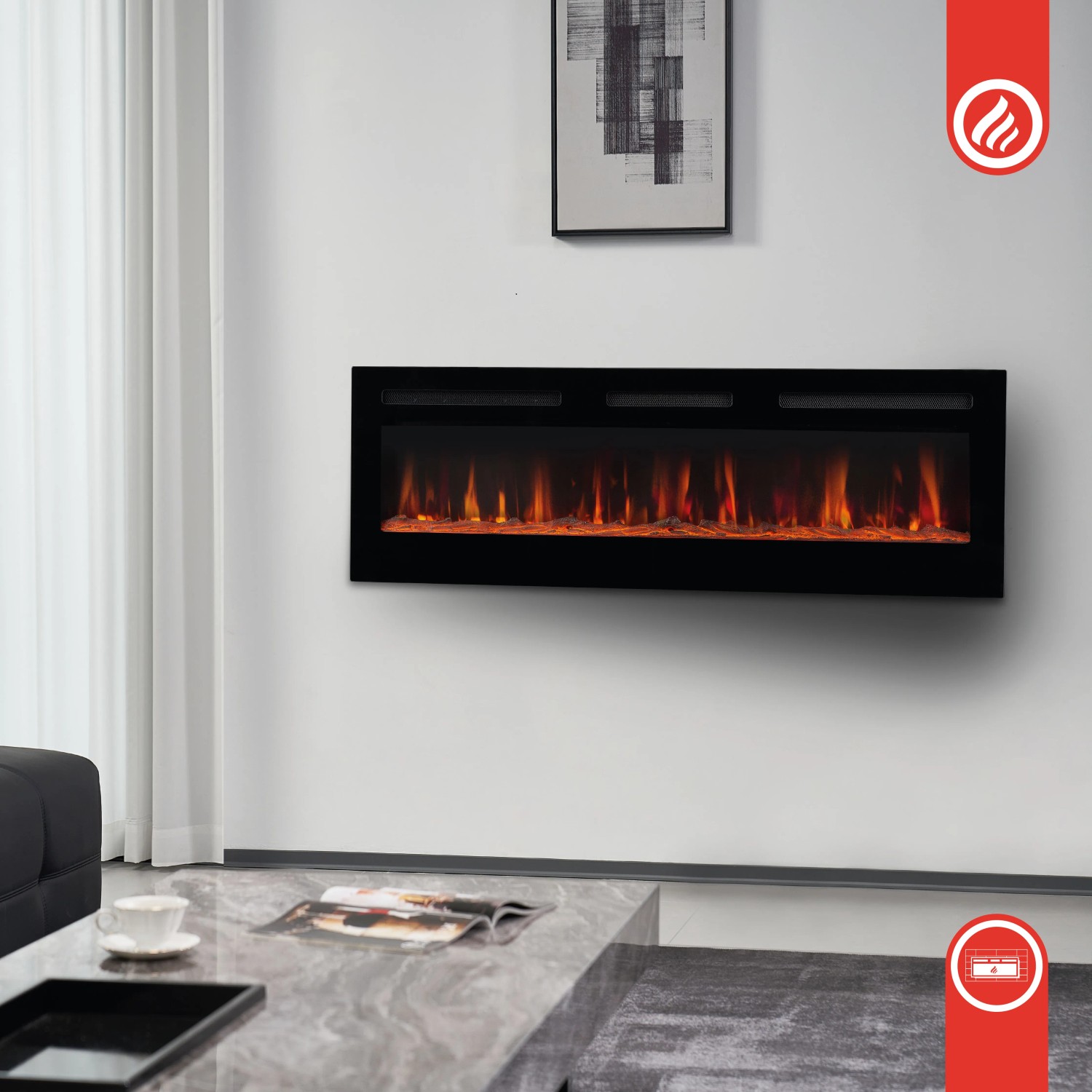 Schwarzer Kaminio Elektrokamin Marlon 3in1 mit 3D-Flammeneffekt an der Wand.