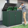 Grüne Metall-Mülltonnenbox für 2 Mülltonnen mit offenem Klappdeckel. Robuster Stauraum für den Außenbereich.