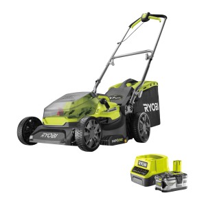 Ryobi Akku-Rasenmäher RY18LM37A-140 One+ mit 37 cm Schnittbreite, Akku und Ladegerät.