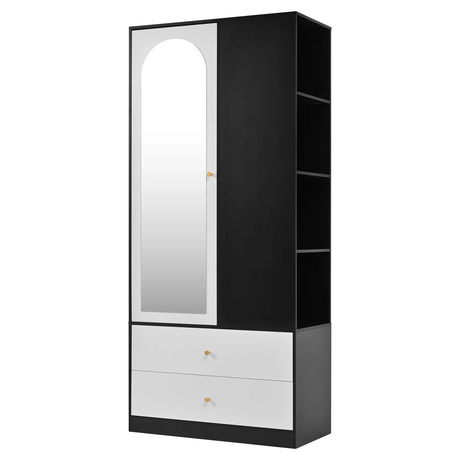 okwish Kleiderschrank mit Spiegel 1 Tür 2 Schubladen Schlafzimmer 80x180x40cm Weiß Schwarz