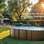Ovaler Gre Pool Amazonia mit Holzoptik im Garten, Leiter angelehnt.