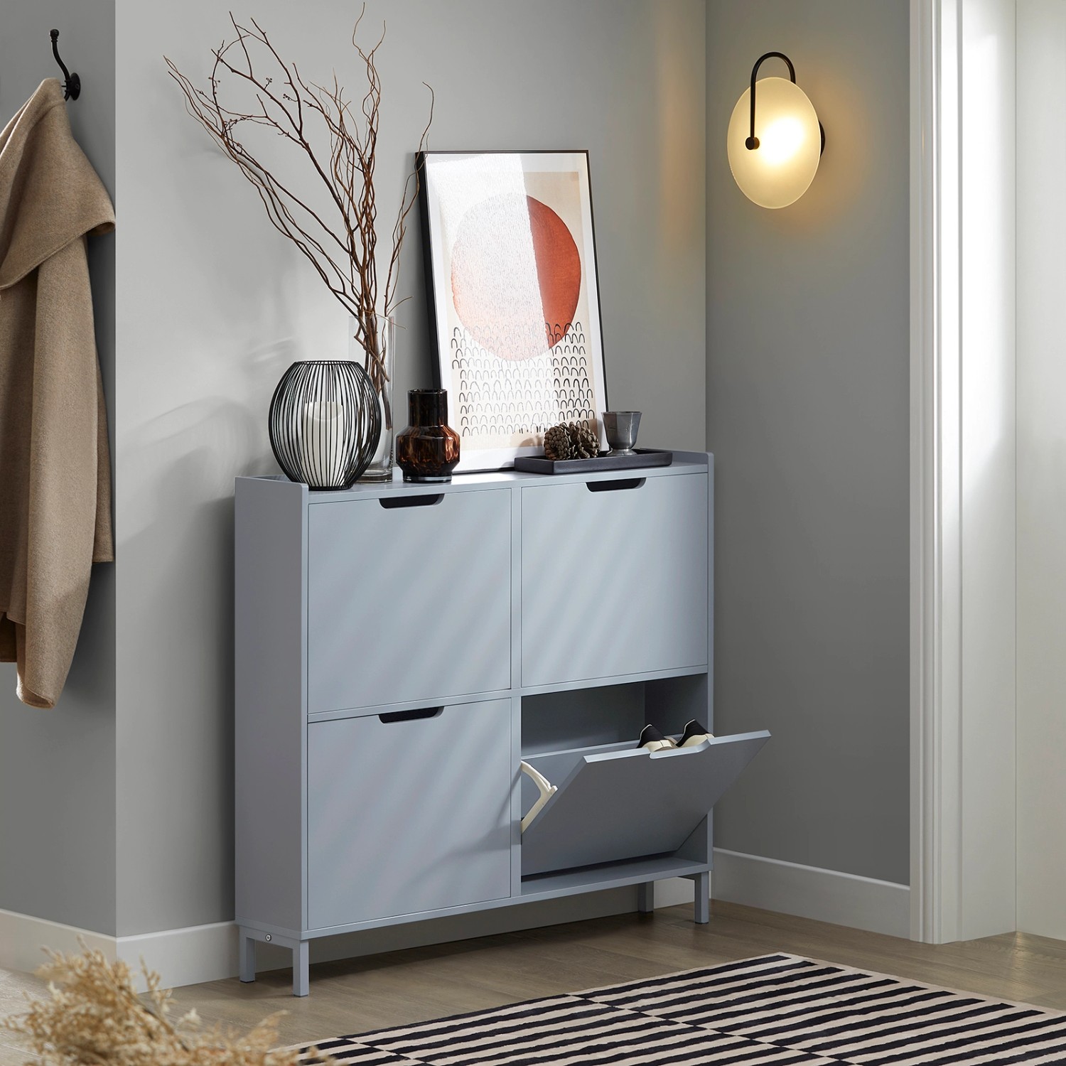 SoBuy Schuhkipper FSR100-HG, hellgraue Schuhkommode mit 4 Klappen für den Flur.