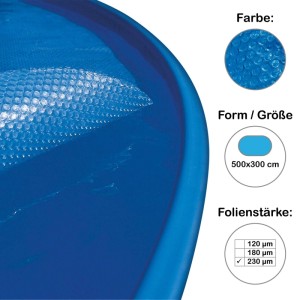 Blaue Solarplane 500x300 cm für Ovalpool, 230µm Luftpolsterabdeckung.