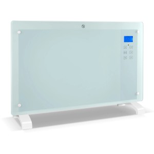 EL Fuego Glaskonvektor-Heizgerät mit Timer, weiße Glasfront, LCD-Display und Standfüße.