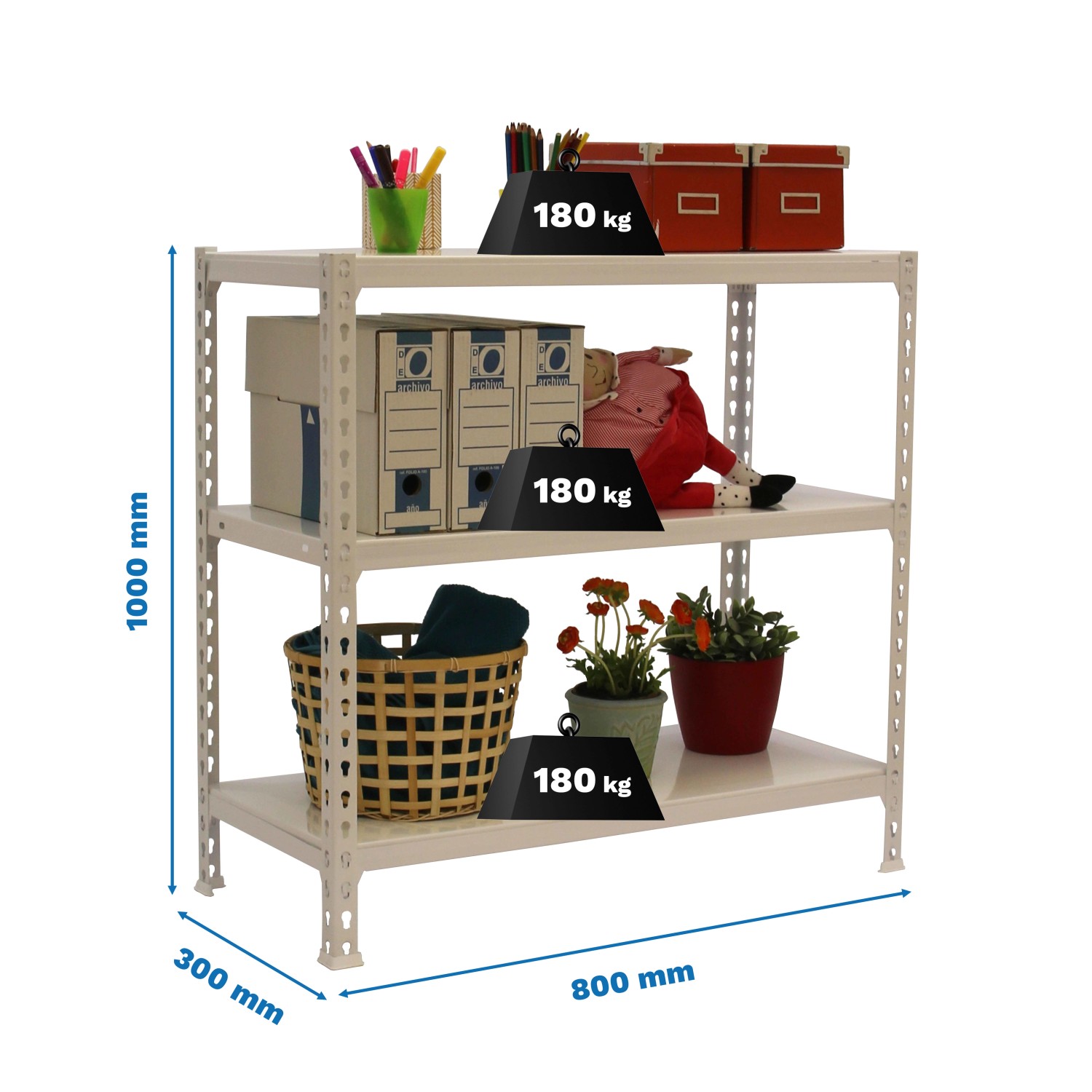 Weißes PROREGAL Schwerlastregal Small Metal Shark, 100x80x30 cm, mit drei Ebenen und diversen Gegenständen.