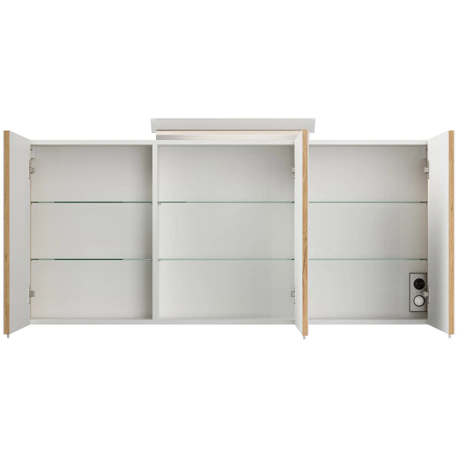 Posseik Spiegelschrank 140 cm Eiche Gold mit LED-Lampe und Glasböden, offene Türen.