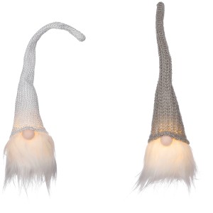 Weihnachtsdekoration: Zwei batteriebetriebene Gnome (weiß, grau) mit LED-Beleuchtung.