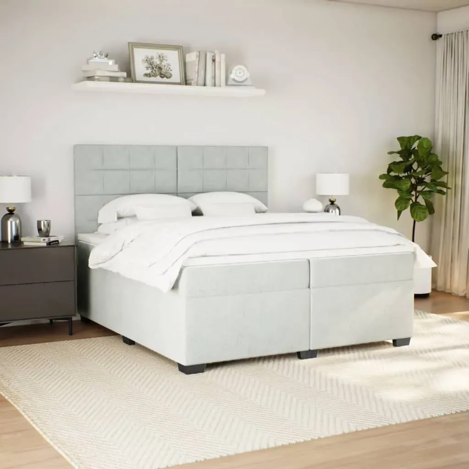 Hellgraues vidaXL Boxspringbett 200x200 cm mit Matratze und Samtbezug.