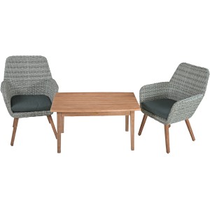 3-teilige Lounge-Sitzgruppe Rapallo/Pueblo in Braun-Grau mit Tisch und zwei Sesseln.