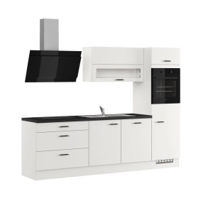 Moderne Impuls Küchenzeile 270 cm in Space Grey mit schwarzer Schieferstruktur-Arbeitsplatte, Backofen, Spüle und Kopffreihaube.