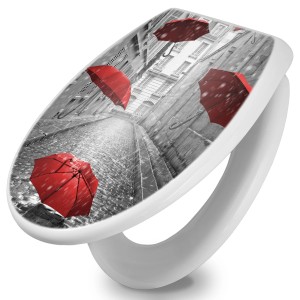 Weißer WC-Sitz mit Absenkautomatik und Motiv roter Schirme. Duroplast, einfache Montage.