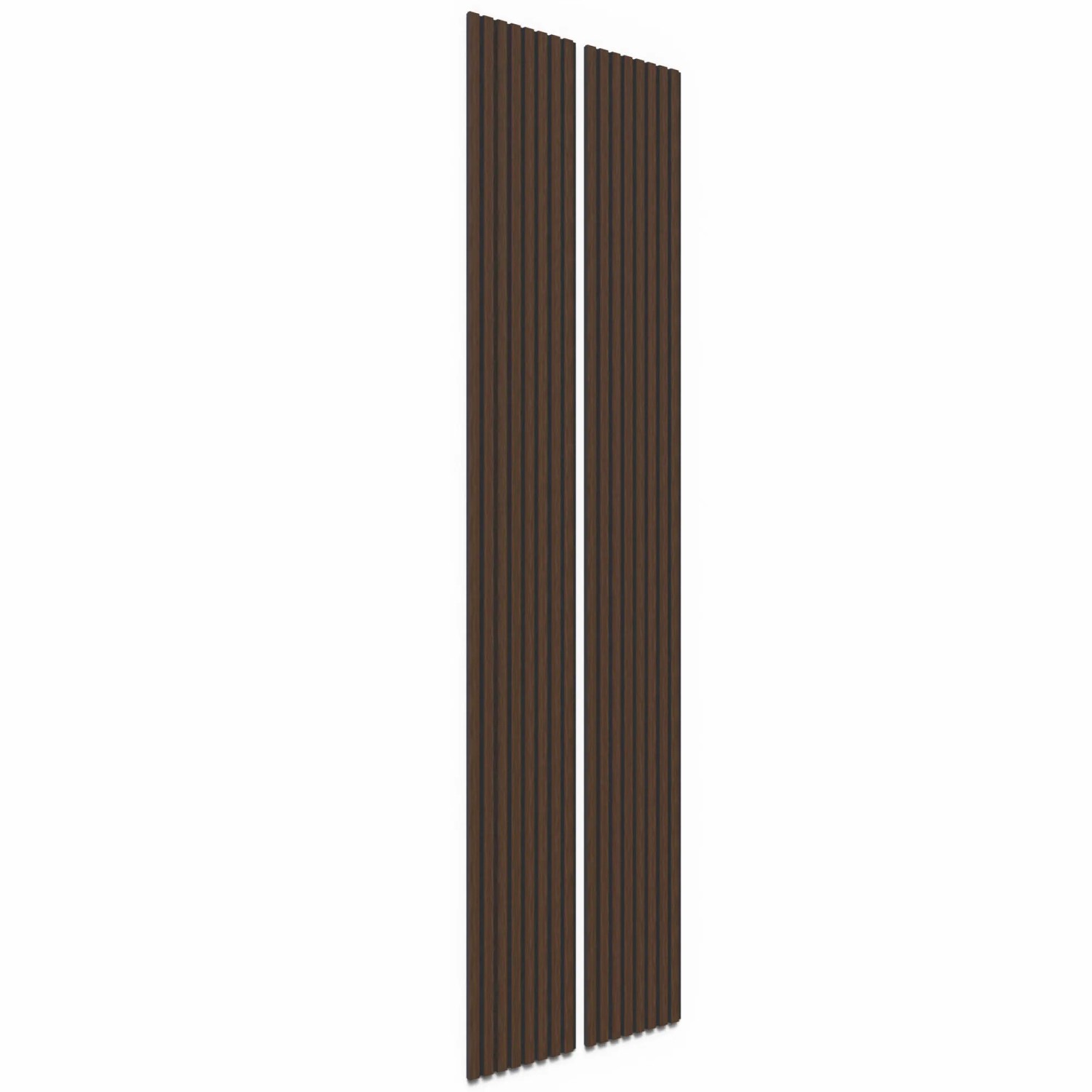 Zwei Akustikpaneele in Walnuss geölt mit schwarzem Filz. Holzpaneele zur Wand- und Deckenverkleidung.
