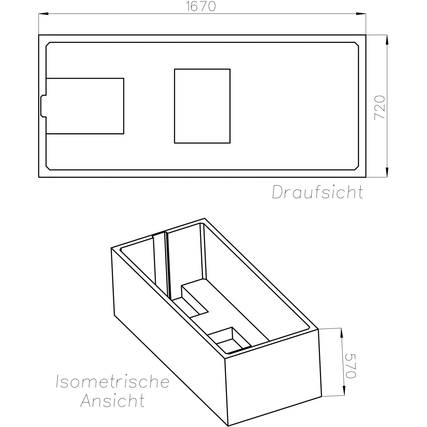 Technische Zeichnung Ottofond Wannenträger Costa 170x75 cm, Draufsicht und isometrische Ansicht mit Maßen.