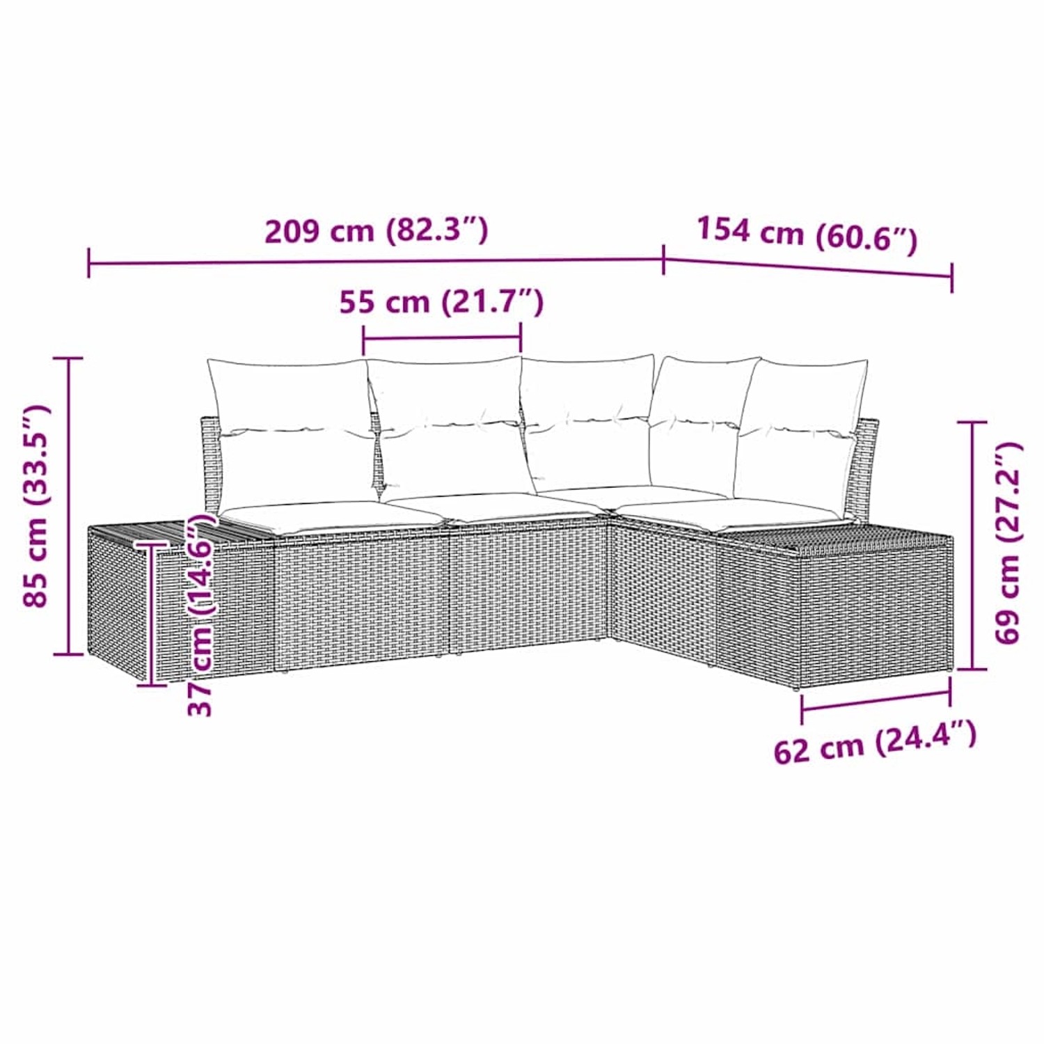Schwarzes 4-teiliges Garten-Sofa-Set aus Poly Rattan von vidaXL, Abmessungen siehe Bild.