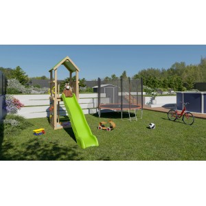 Trigano Spielturm Sunny Xperience mit Rutsche und Sandkasten im Garten.