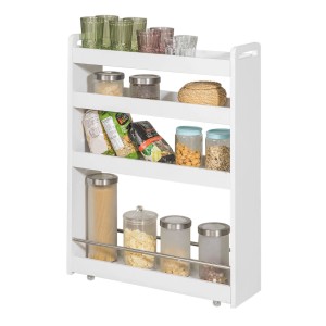 Weißes SoBuy Nischenregal mit 4 Etagen und Rollen, ideal für Küche und Bad.