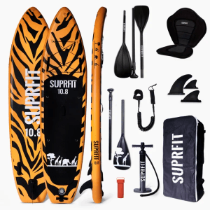 Suprfit SUP Board Set Safari Zebra: aufblasbares orange-schwarzes Board mit Paddel, Sitz, Pumpe, Finnen & Rucksack für Wassersport.