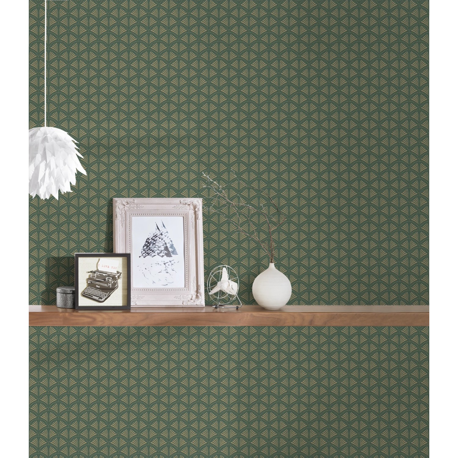Vliestapete Trendwall 2 Art Deco in Grün und Gold mit Glitzer-Effekt.