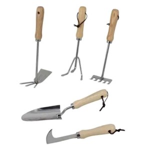 Galaflor Kleingeräte Set 5-teilig: Blumenkelle, Grubber, Rechen, Doppelhacke, Fugenreiniger aus Edelstahl mit Holzgriff.