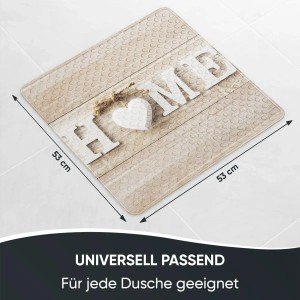 Sanilo Badematte Home, beige mit Holz-Optik und HOME Schriftzug, 53x53 cm.