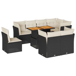 Schwarze 9-tlg. vidaXL Garten-Sofagarnitur aus Poly Rattan mit cremeweißen Kissen und höhenverstellbarem Tisch.
