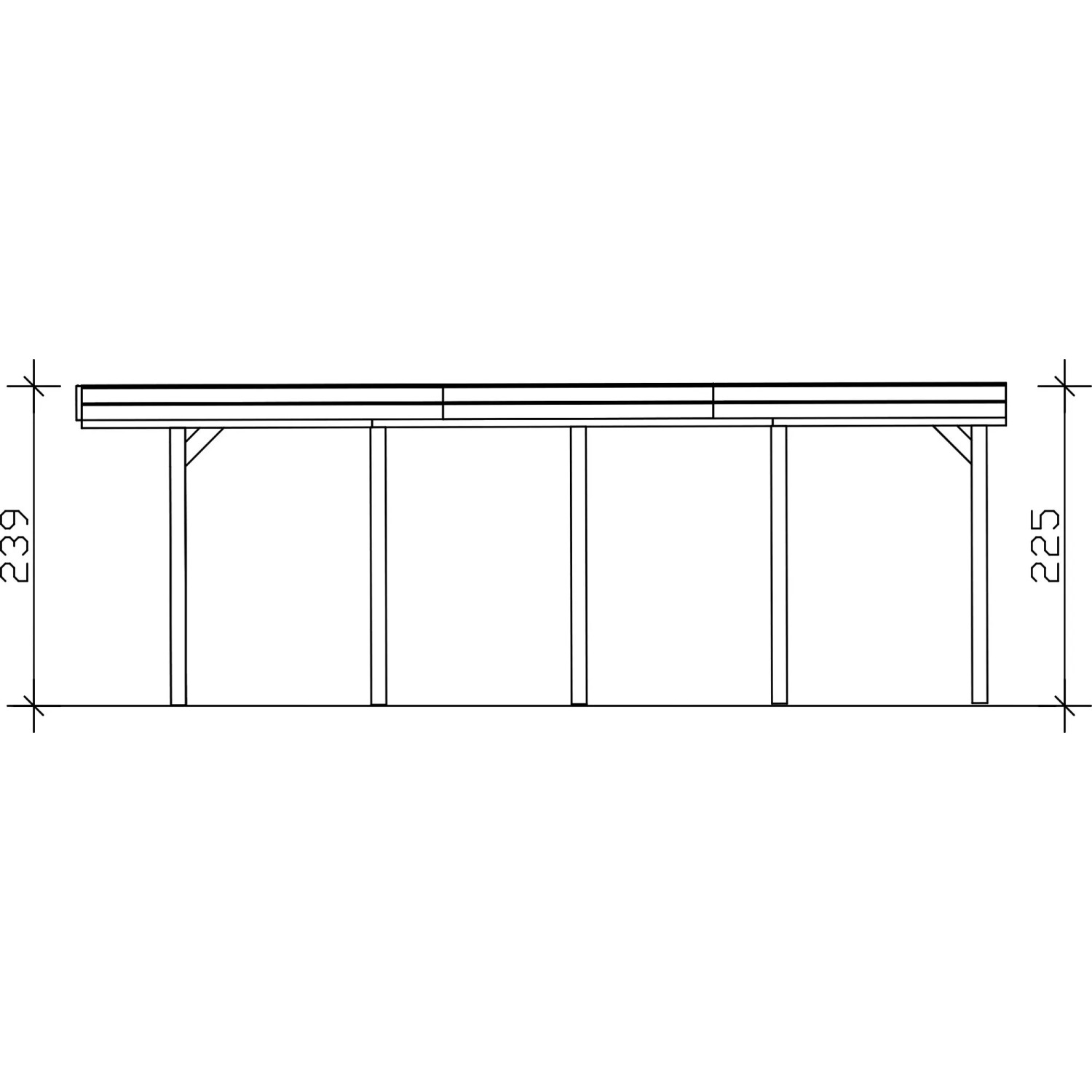 Technische Seitenansicht des Skan Holz Flachdach-Carports Friesland mit Maßen 239 und 225 cm. Holzkonstruktion mit Stahldach.