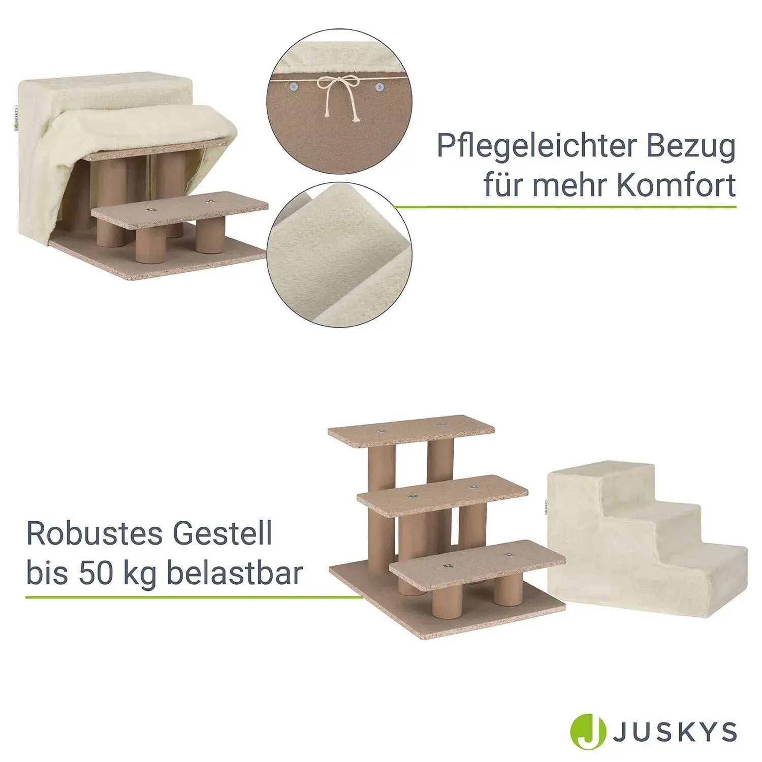 Juskys Haustiertreppe Timmy, 3 Stufen, beige. Hundetreppe mit Plüschbezug für Sofa und Bett.