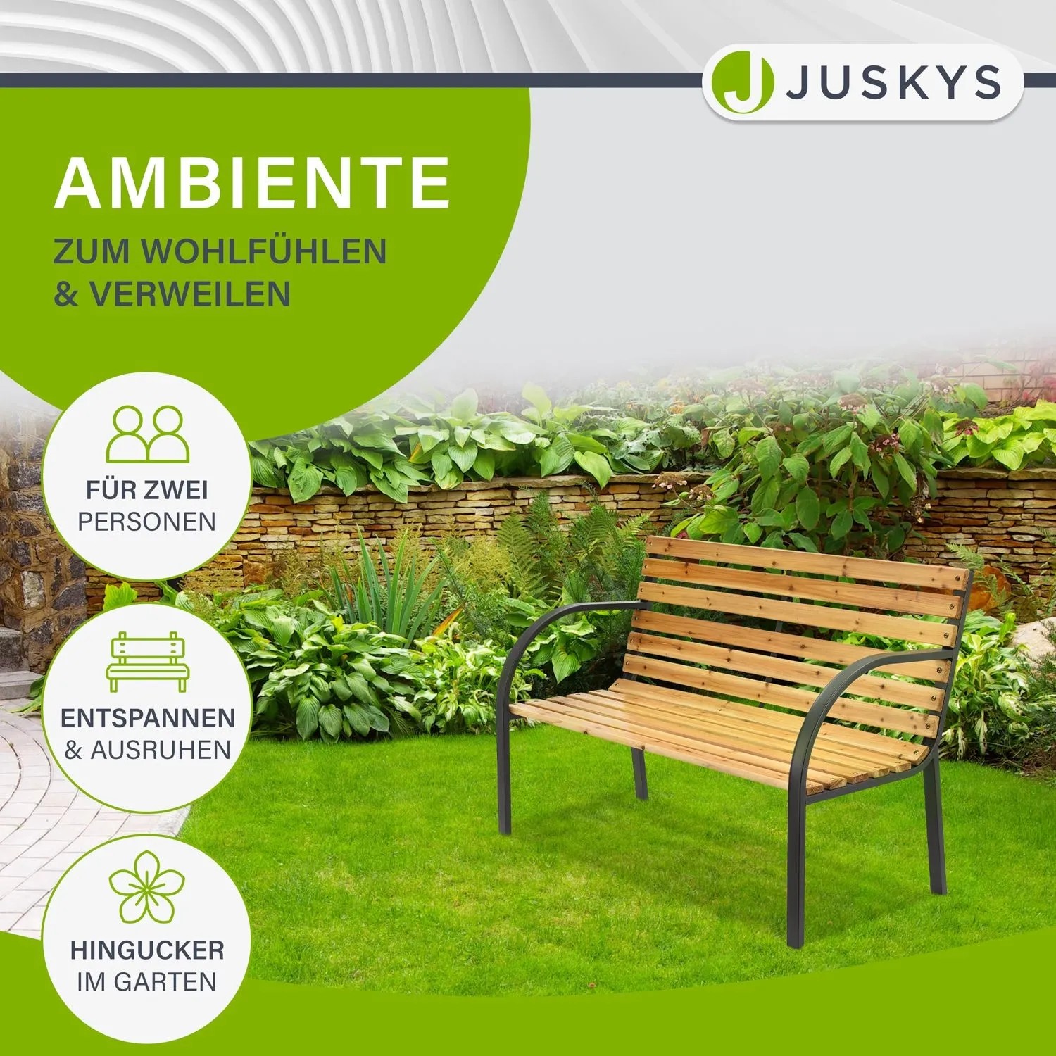 Juskys Gartenbank Modena für 2 Personen aus Holz und Stahl im Garten.