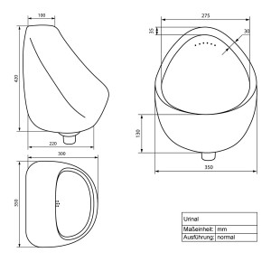Technische Zeichnung eines weißen ECD Germany Urinals mit Zulauf von hinten, Maße in mm.