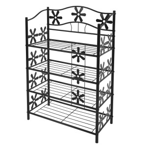 Schwarzes MCW Schuhregal Bern mit 4 Böden und Blumenmuster, Höhe 90cm.