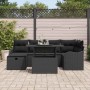 Schwarzes 7-teiliges vidaXL Garten-Sofa-Set aus Poly Rattan mit Kissen und Tisch.
