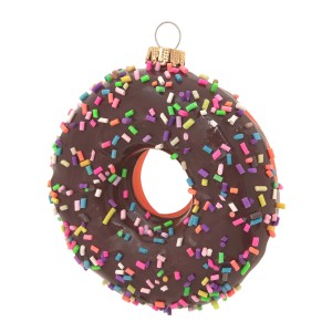 Weihnachtsornament: Glas-Donut (4cm) mit Schokoglasur und bunten Streuseln.
