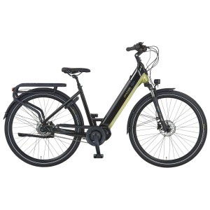 Prophete City E-Bike Geniesser 5.0, 28 Zoll, Schwarz-Silbergrün, mit Mittelmotor und Gepäckträger.