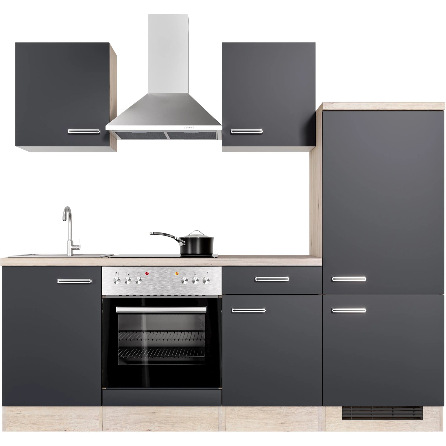 Flex-Well Küchenzeile Lara, 220 cm, Anthrazit/San Remo Eiche Dekor mit E-Geräten.