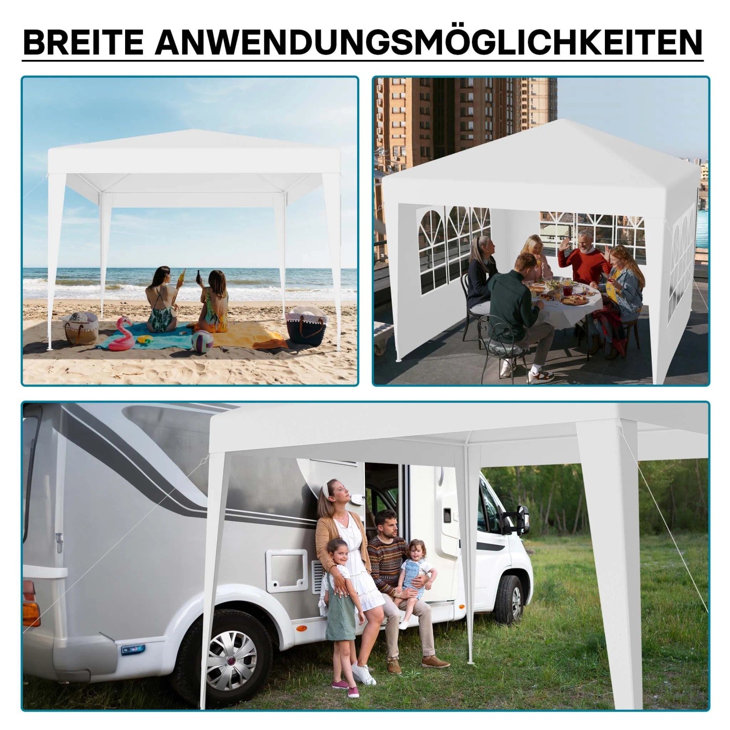 Weißer Wiltec Pavillon 3x3m als Partyzelt am Strand, im Garten & beim Camping. Vielseitiger Gartenpavillon mit UV-Schutz.