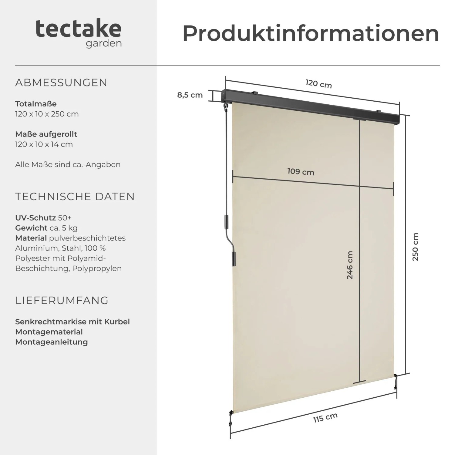 Tectake Senkrechtmarkise Eloise Verschiedene Größen Uv Beständig und Wasserabweisend 120 x 250 cm 10 x 120 x 250 cm Beige_6