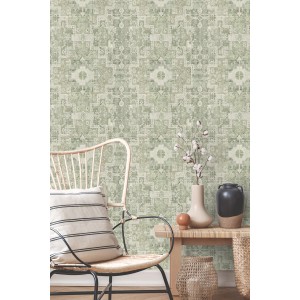 ESTAhome Vliestapete mit orientalischem Kelim Patchwork Muster in Graugrün. Dekorative Tapete für den Boho-Stil.