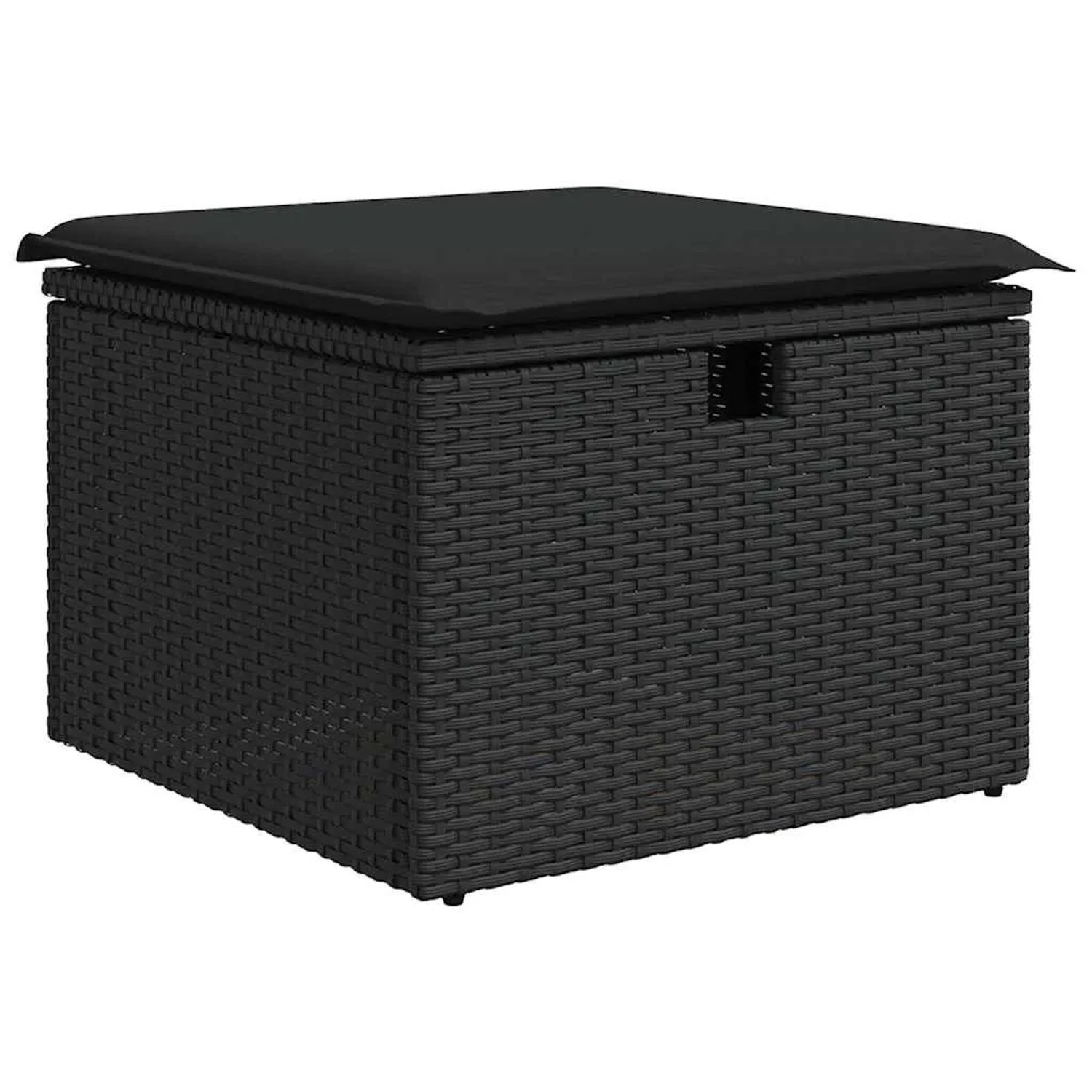 Schwarzer vidaXL Gartenhocker aus Poly Rattan mit Sitzkissen, Teil eines Garten-Sofa-Sets.