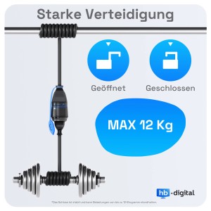 hb-digital 50m Verlängerungskabel mit Sicherheitsverschluss, belastbar bis 12kg.