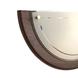 Klassische Wandleuchte Mesiac mit Walnussholz und weißem Glas für Flur und Wohnzimmer.