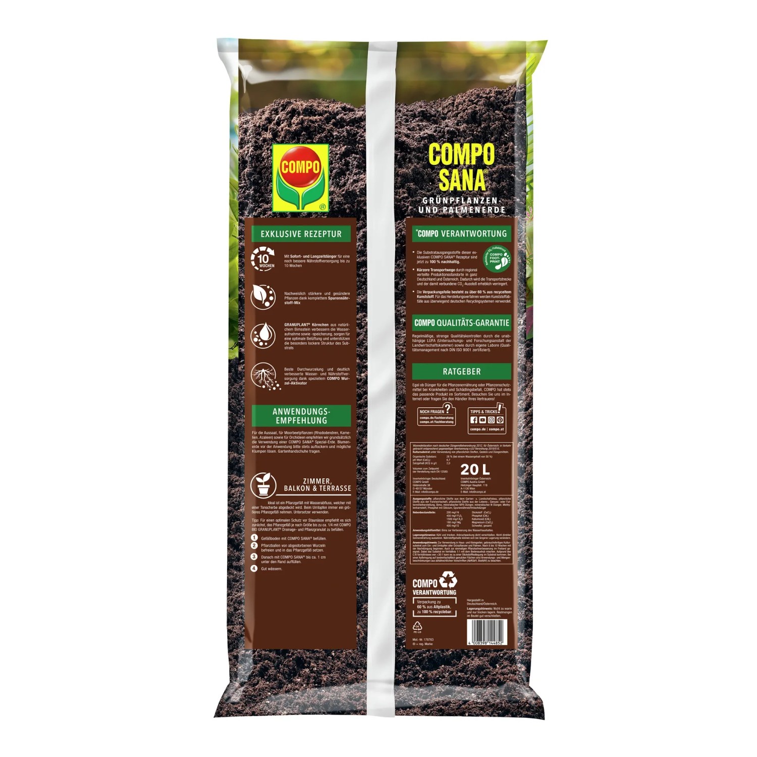 Sack Compo Sana Grünpflanzen- und Palmenerde, torffrei, 20 Liter.