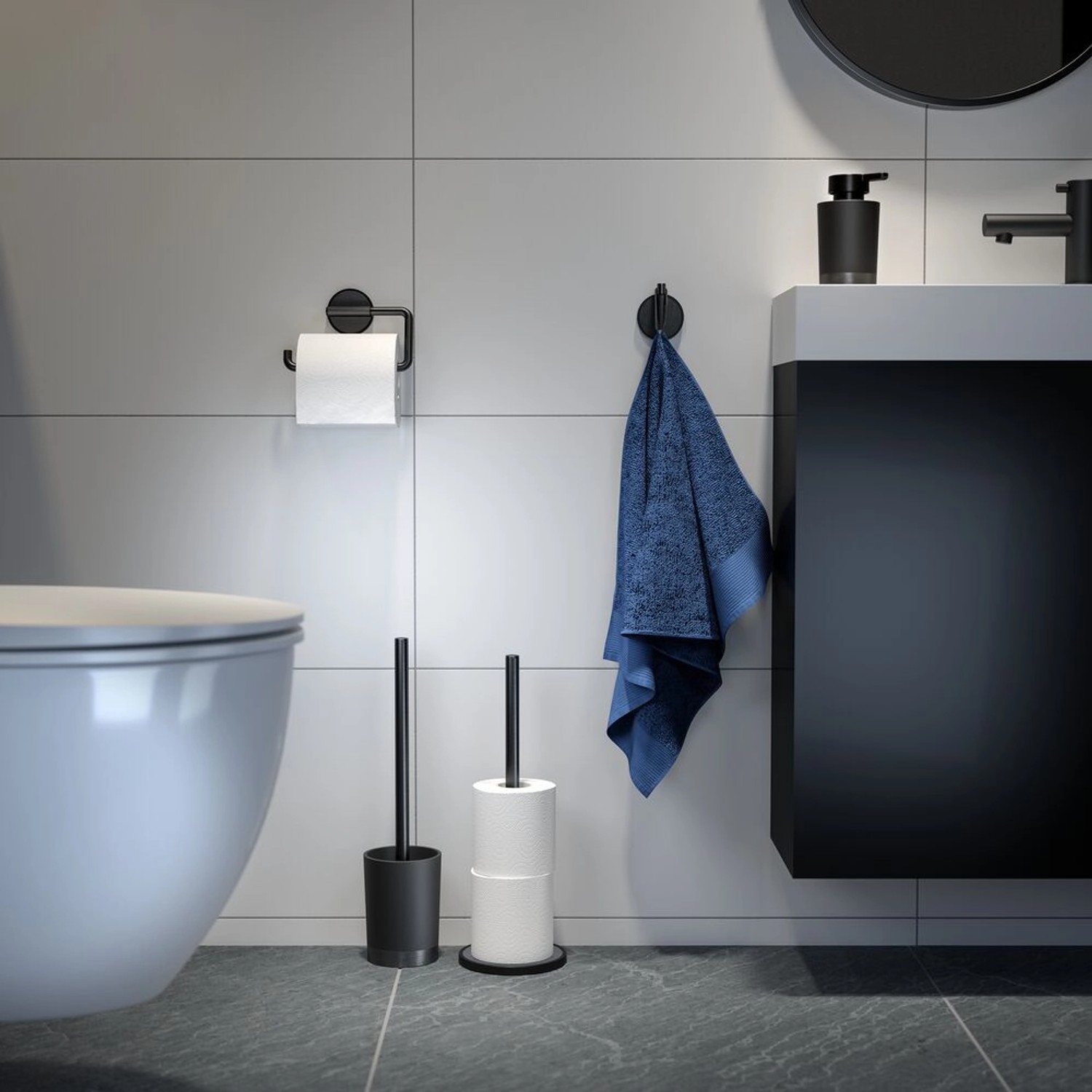 Freistehende Tiger Toilettenbürste Tune mit Halter, Metall gebürstet, schwarz.