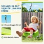 Glückliches Kind auf grünem Schaukelsitz des AIYAPLAY Schaukelgestells. Verstellbare PE-Seile, Anti-Rutsch-Textur für sicheres Outdoor-Schaukeln.