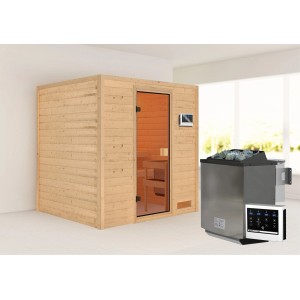 Karibu Sauna Adelina Set naturbelassen mit Ofen und externer Steuerung.
